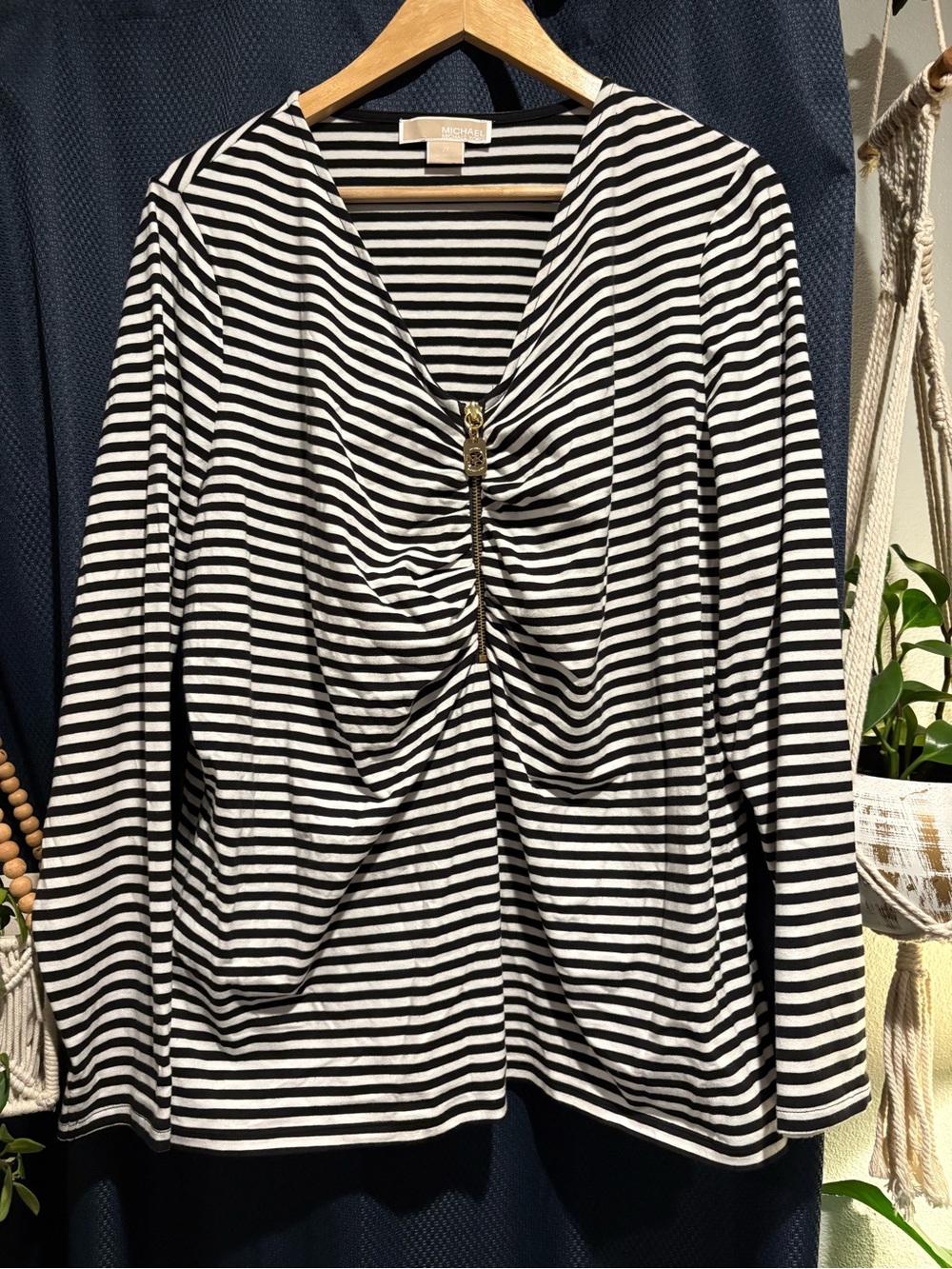 MICHAEL Michael Kors Contemporary Black and White Striped Ruched Long-Sleeve Top